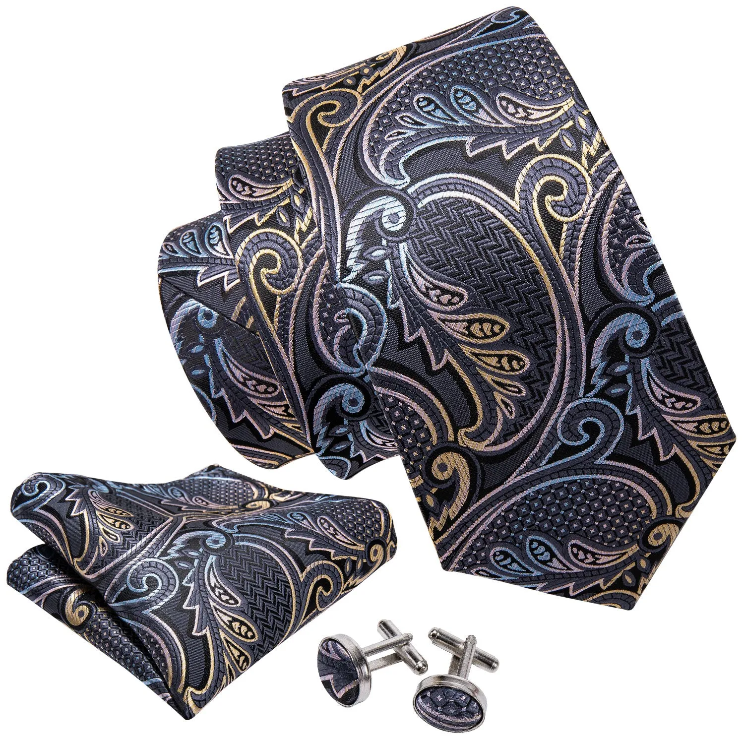 Hi-Tie Silver Grey Paisley Silk Men's Tie Pocket Square Cufflinks Set