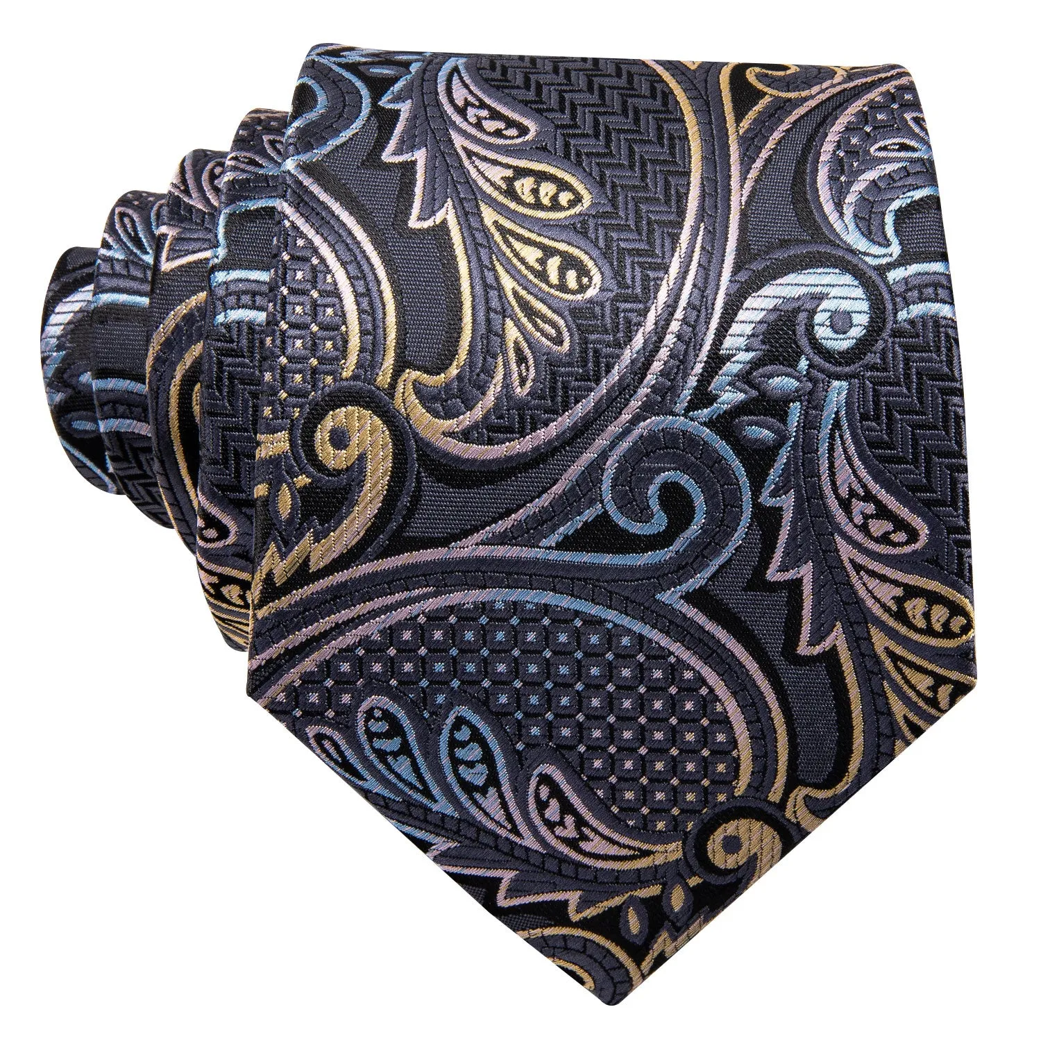 Hi-Tie Silver Grey Paisley Silk Men's Tie Pocket Square Cufflinks Set