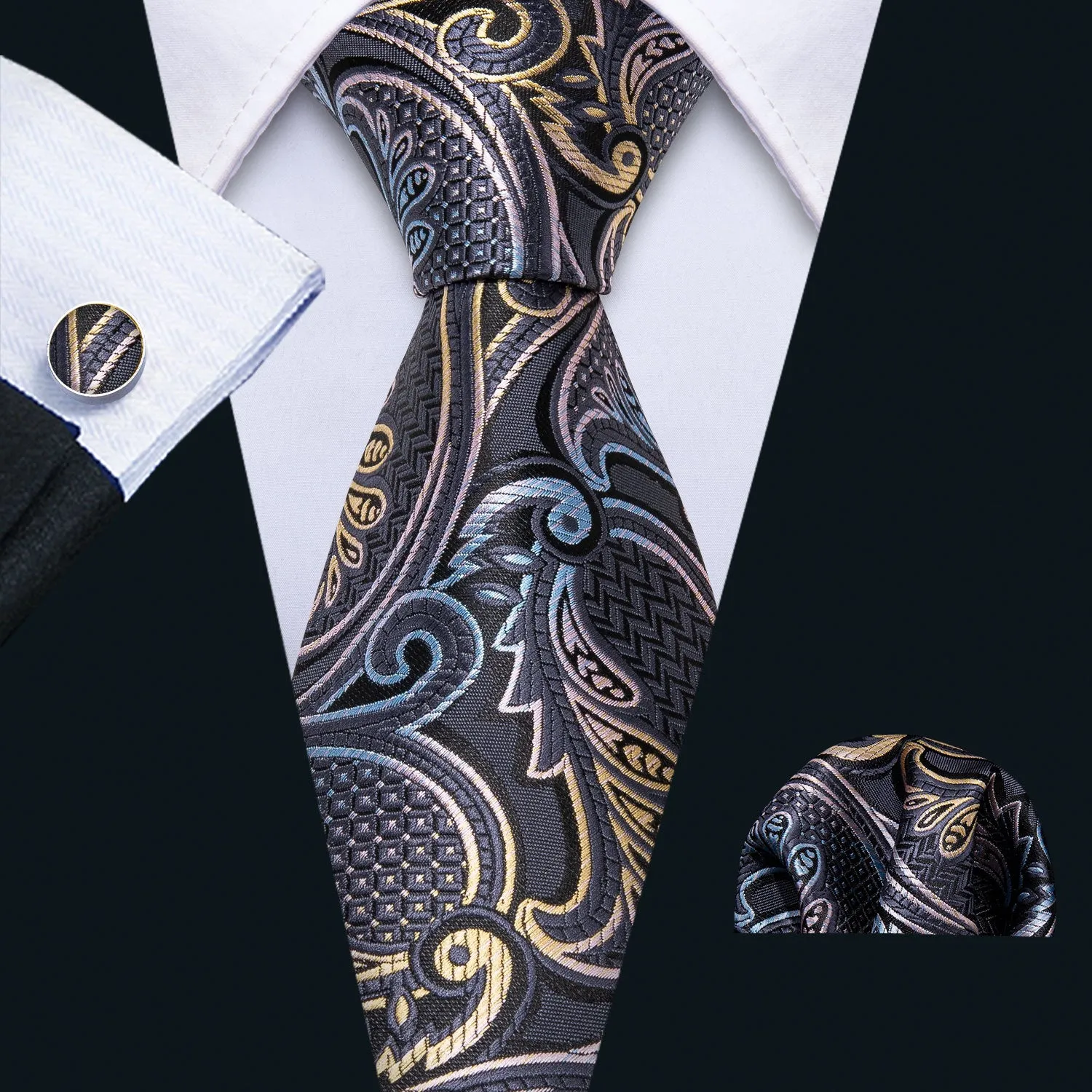 Hi-Tie Silver Grey Paisley Silk Men's Tie Pocket Square Cufflinks Set