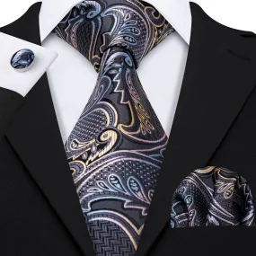 Hi-Tie Silver Grey Paisley Silk Men's Tie Pocket Square Cufflinks Set