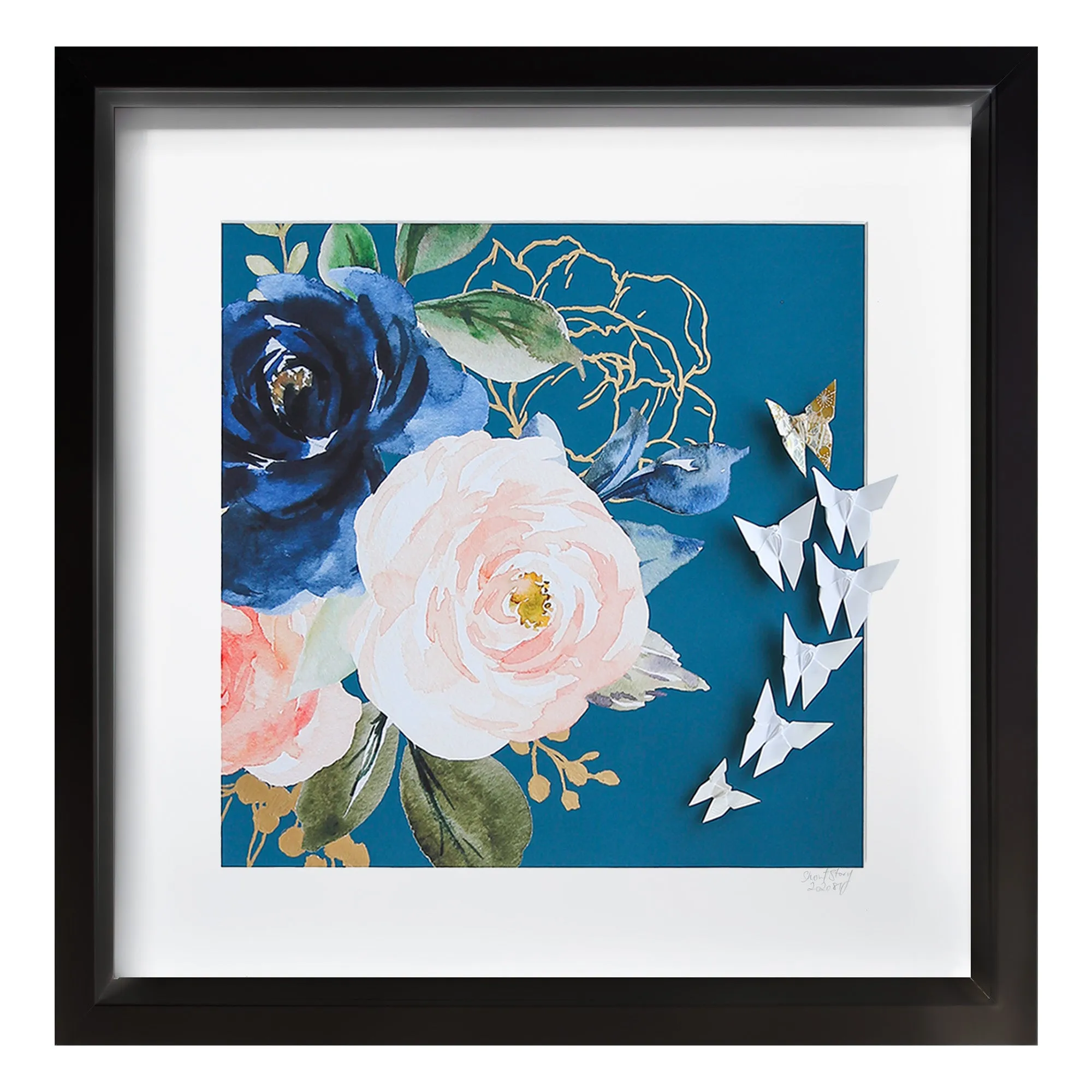 Large Black Frame Floral Blue