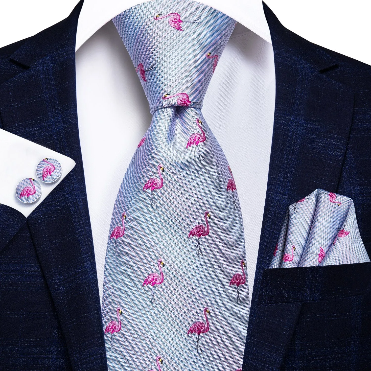 Pink Flamingo Tie Handkerchief Cufflinks Set with Wedding Brooch