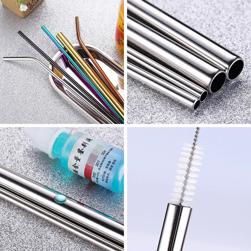 Popular Tableware Food Grade Environmental Protection Stainless Steel Straw Drink Milk Tea Metal Straw 3 Sets