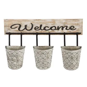 "Welcome" Wood and Metal Wall Storage Pockets,8pmtl5219