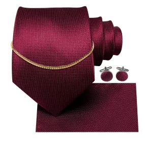 Red Solid Men's Tie Pocket Square Cufflinks Set With Golden Chain