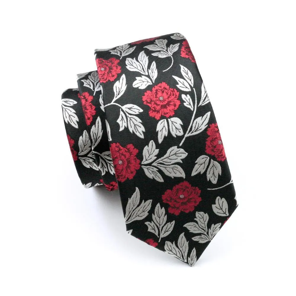 Silver Red Black Floral Men's Tie Pocket Square Cufflinks Gift Box Set