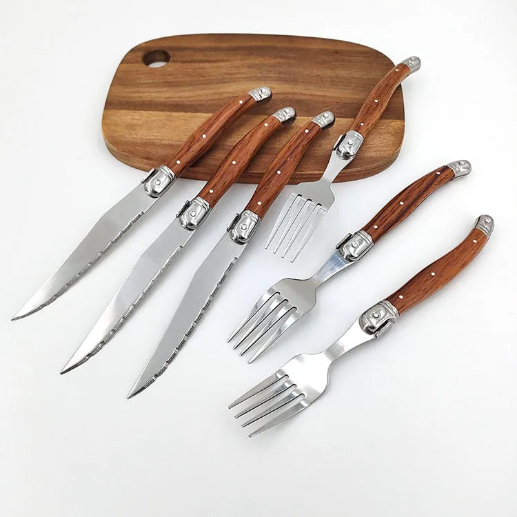 Spot Stainless Steel Steak Knife and Fork with Wood Grain Plastic Handle Steak Knife