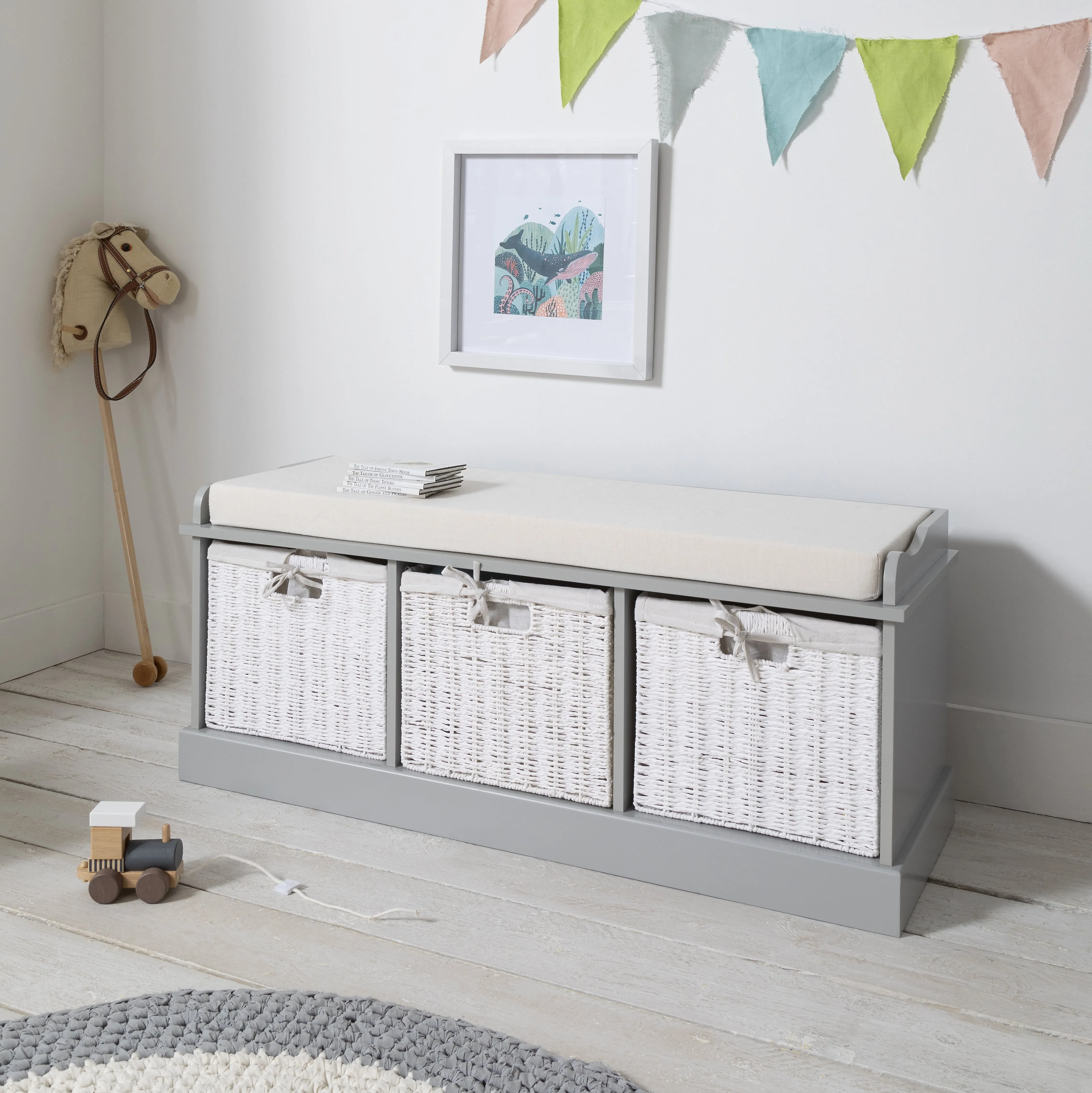 Stockholm Storage Bench with 3 Baskets in Silk Grey