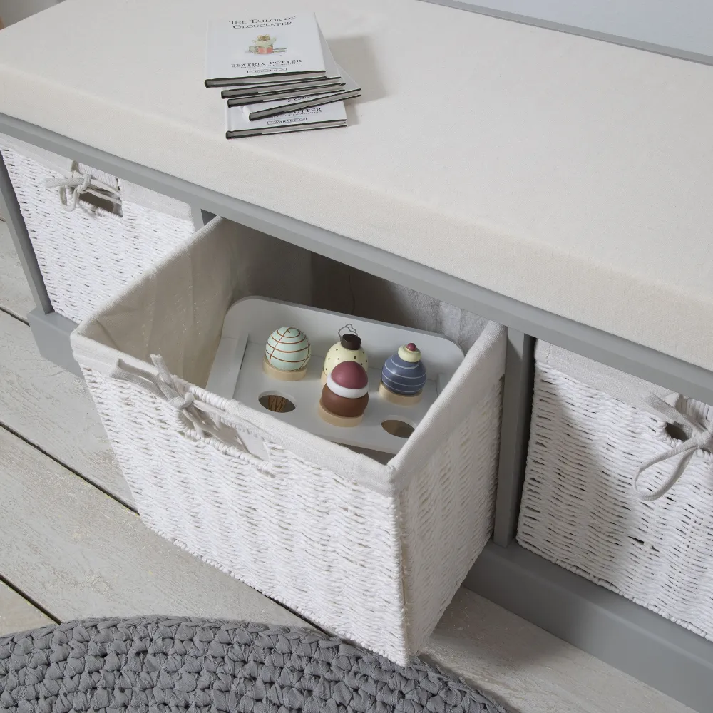 Stockholm Storage Bench with 3 Baskets in Silk Grey