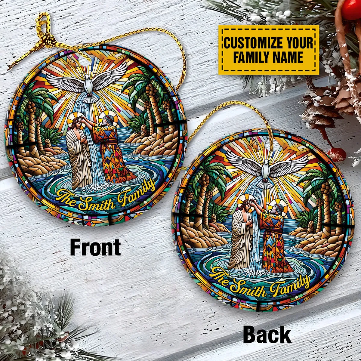 Teesdily | Customized Jesus Christ Rear View Mirror Accessories God Stained Glass Print Ornament Christian Christmas Decor