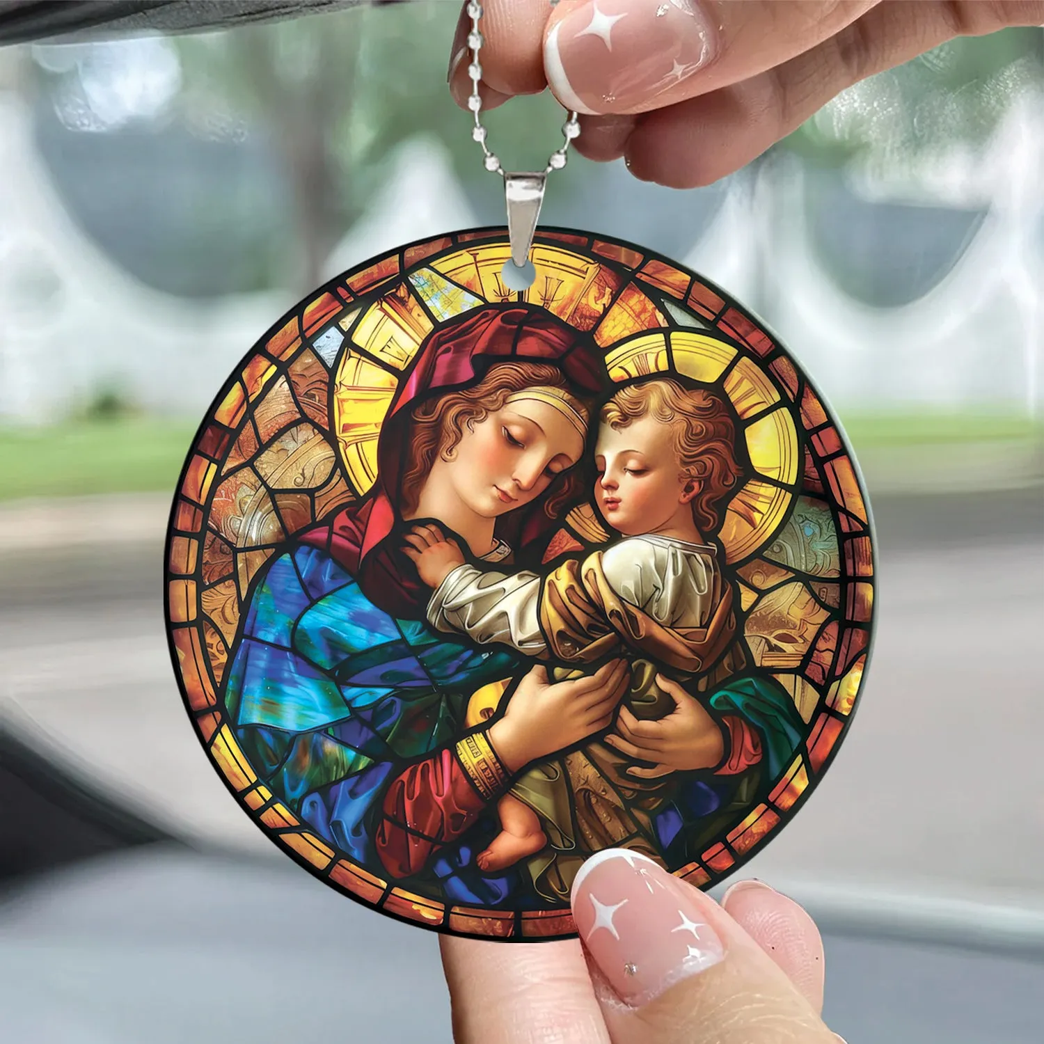 Teesdily | Mary And Jesus Stained Glass Art Ceramic Ornament, Jesus Art Acrylic Car Hanging Ornament, Jesus Lover Gifts, Christmas Ornament