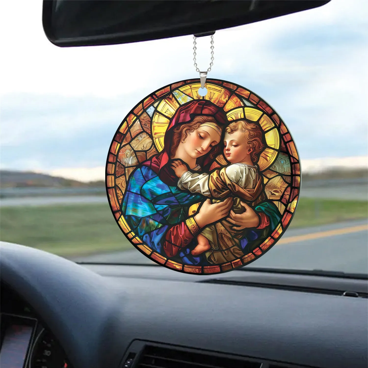 Teesdily | Mary And Jesus Stained Glass Art Ceramic Ornament, Jesus Art Acrylic Car Hanging Ornament, Jesus Lover Gifts, Christmas Ornament