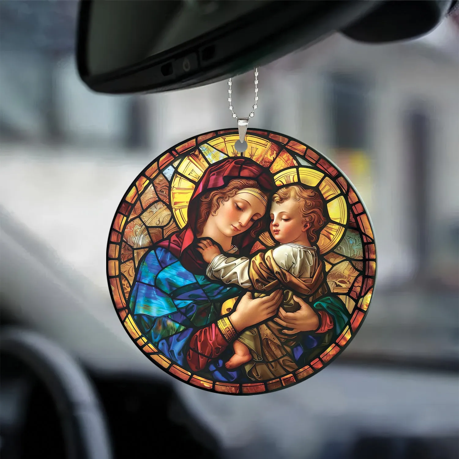 Teesdily | Mary And Jesus Stained Glass Art Ceramic Ornament, Jesus Art Acrylic Car Hanging Ornament, Jesus Lover Gifts, Christmas Ornament