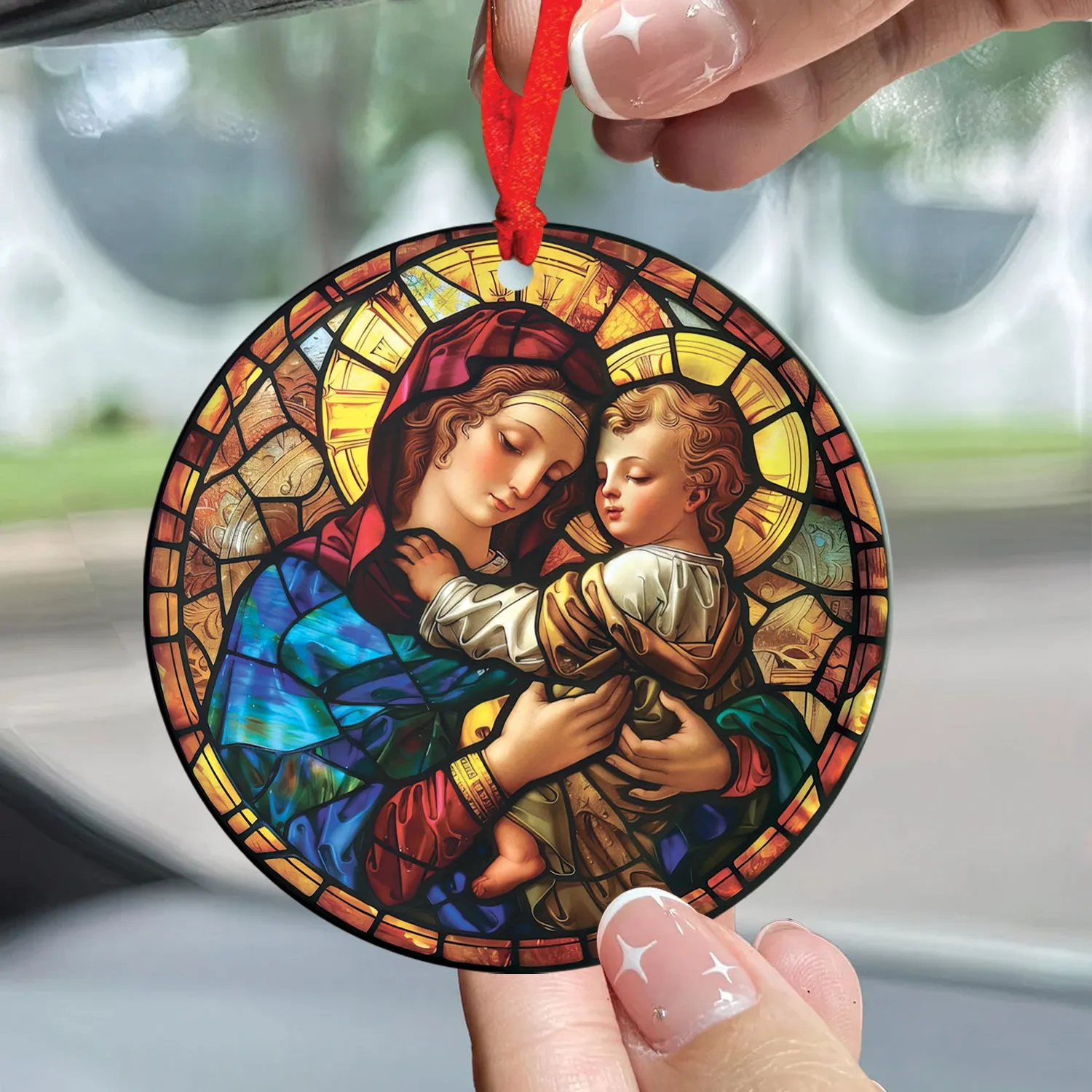 Teesdily | Mary And Jesus Stained Glass Art Ceramic Ornament, Jesus Art Acrylic Car Hanging Ornament, Jesus Lover Gifts, Christmas Ornament