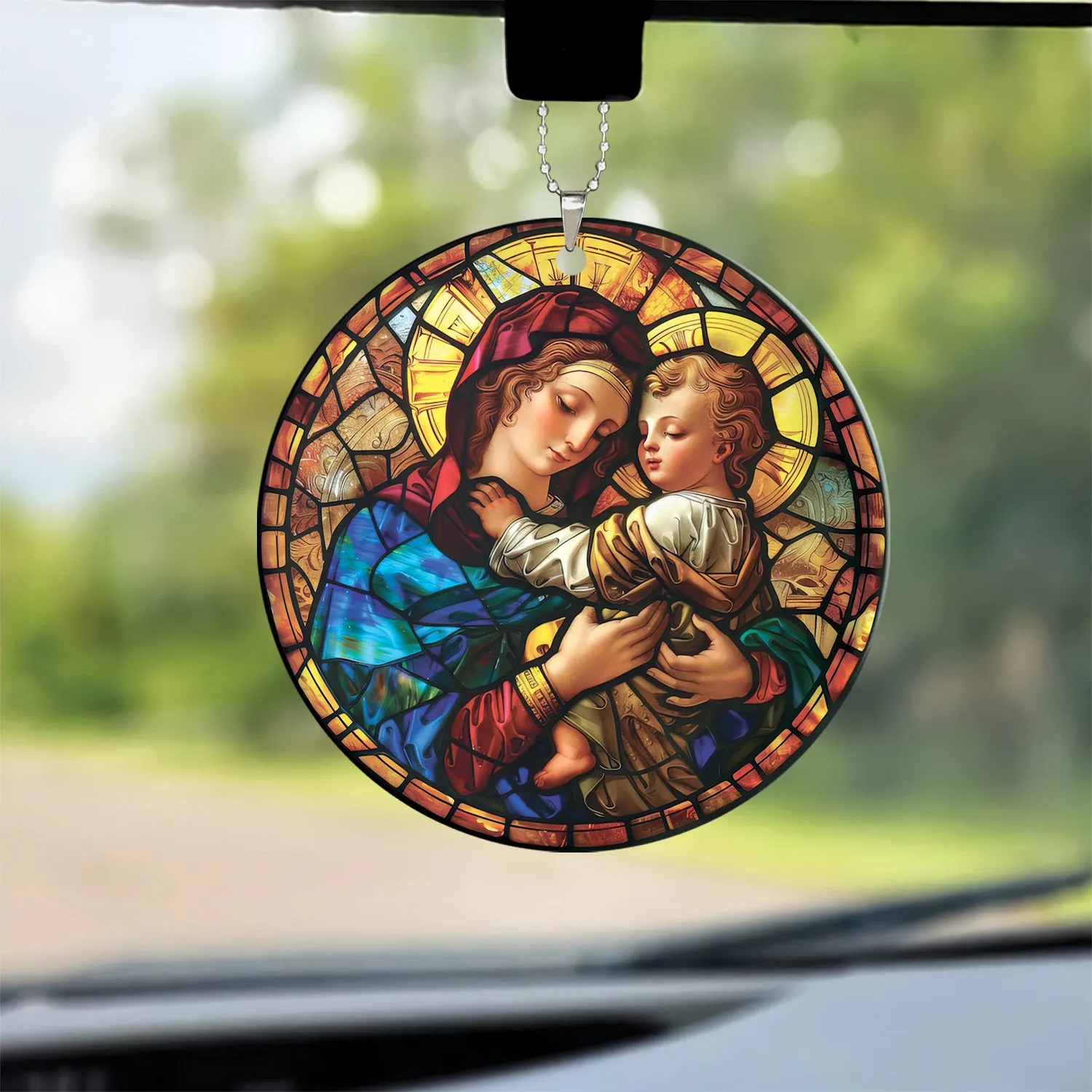 Teesdily | Mary And Jesus Stained Glass Art Ceramic Ornament, Jesus Art Acrylic Car Hanging Ornament, Jesus Lover Gifts, Christmas Ornament