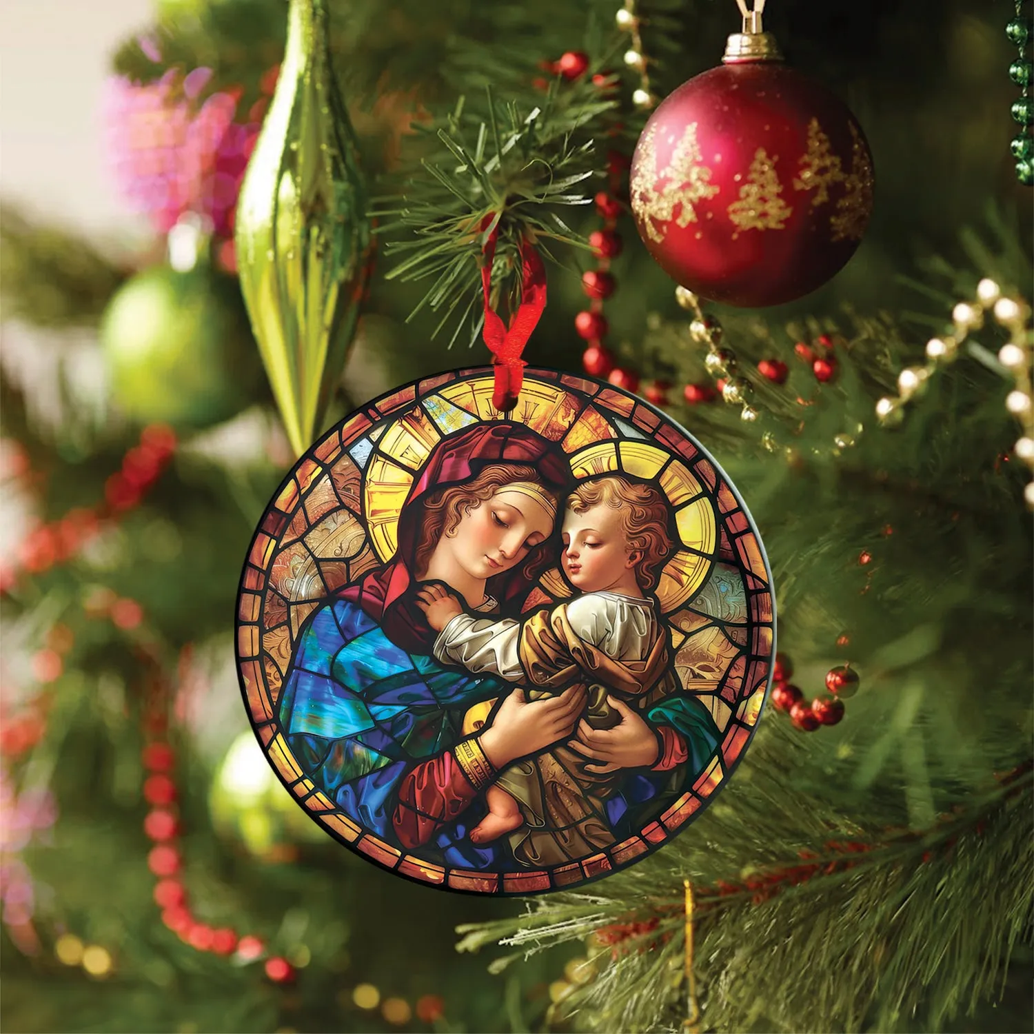 Teesdily | Mary And Jesus Stained Glass Art Ceramic Ornament, Jesus Art Acrylic Car Hanging Ornament, Jesus Lover Gifts, Christmas Ornament