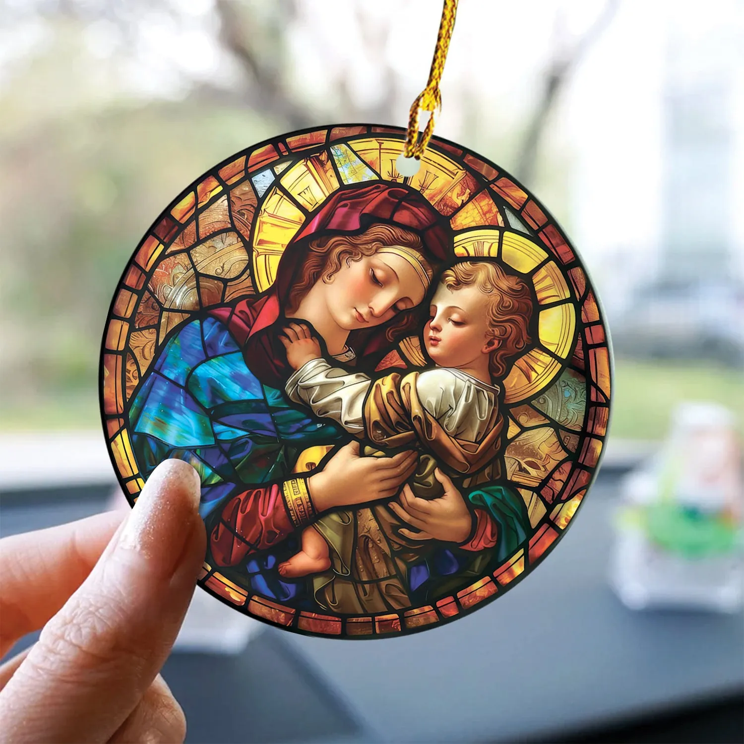 Teesdily | Mary And Jesus Stained Glass Art Ceramic Ornament, Jesus Art Acrylic Car Hanging Ornament, Jesus Lover Gifts, Christmas Ornament