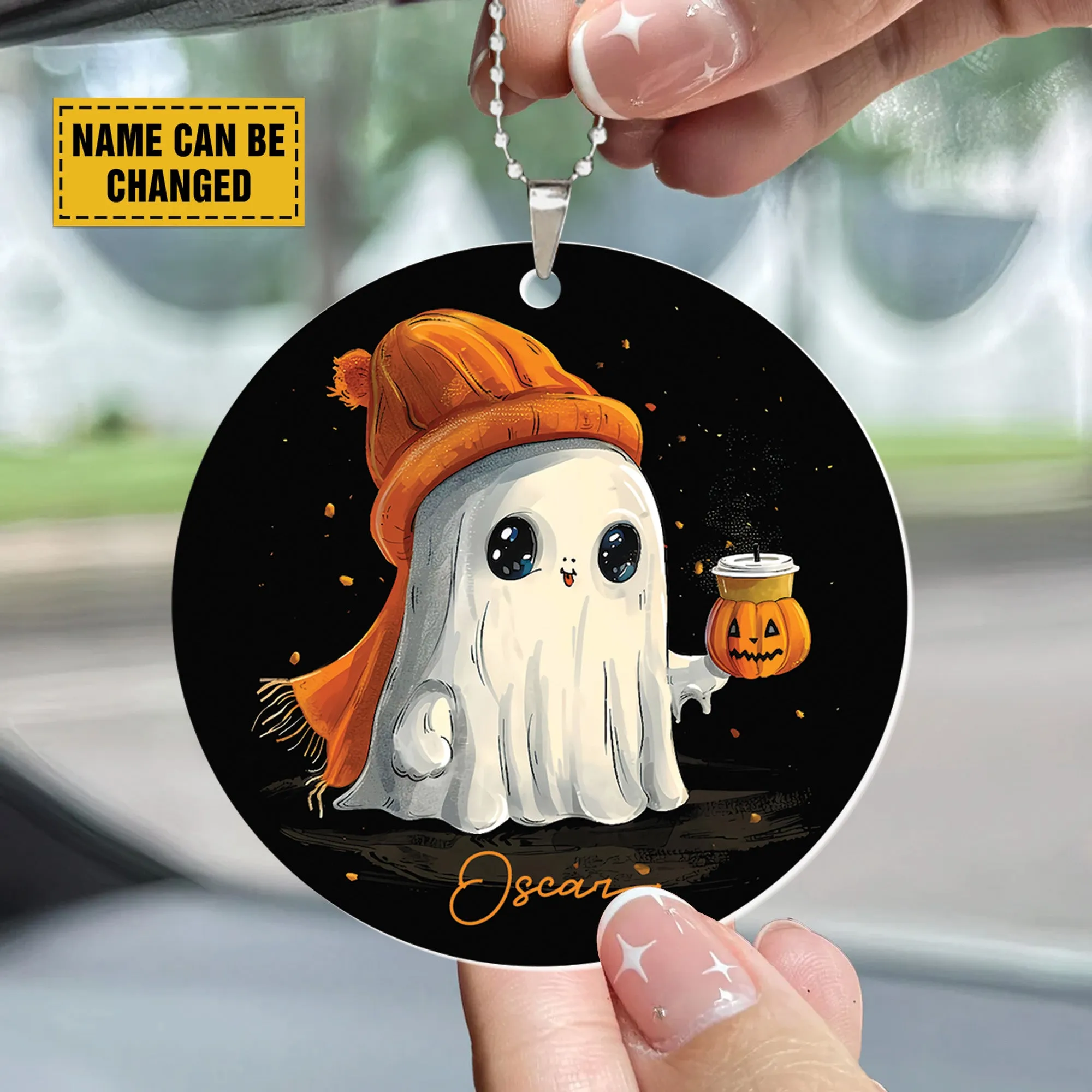 Teesdily | Personalized Halloween Cute Ghost Pumpkin Ornament, Happy Halloween Plastic Car Hanging Ornament, Halloween Decor Gifts