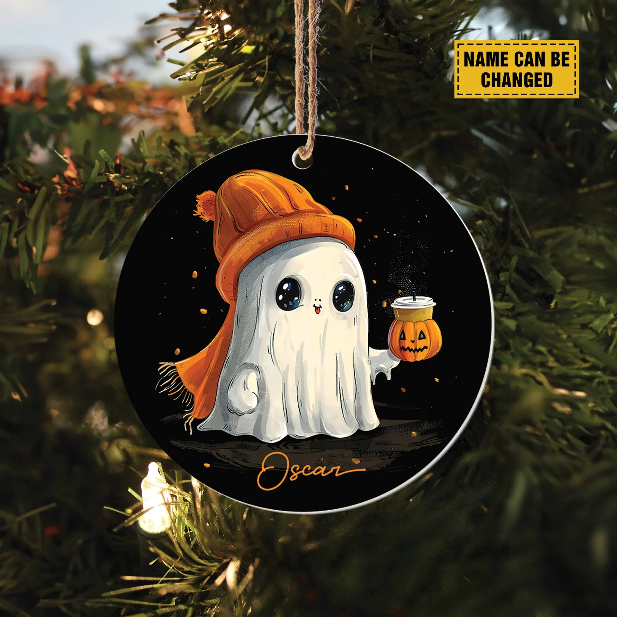 Teesdily | Personalized Halloween Cute Ghost Pumpkin Ornament, Happy Halloween Plastic Car Hanging Ornament, Halloween Decor Gifts