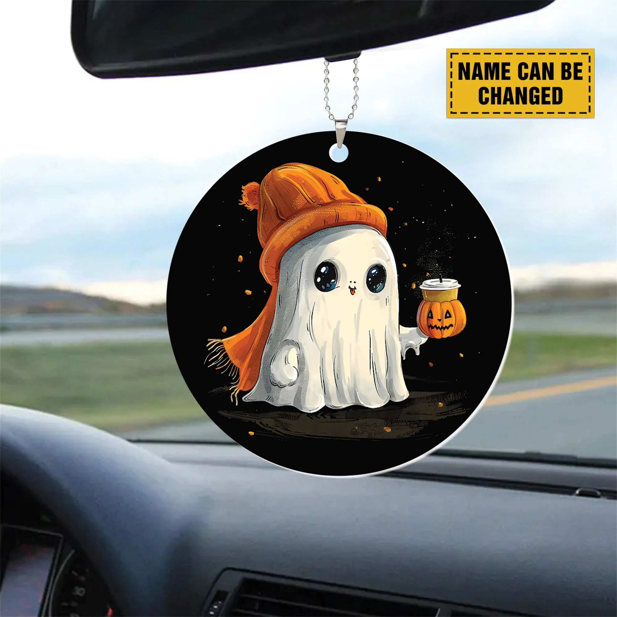 Teesdily | Personalized Halloween Cute Ghost Pumpkin Ornament, Happy Halloween Plastic Car Hanging Ornament, Halloween Decor Gifts