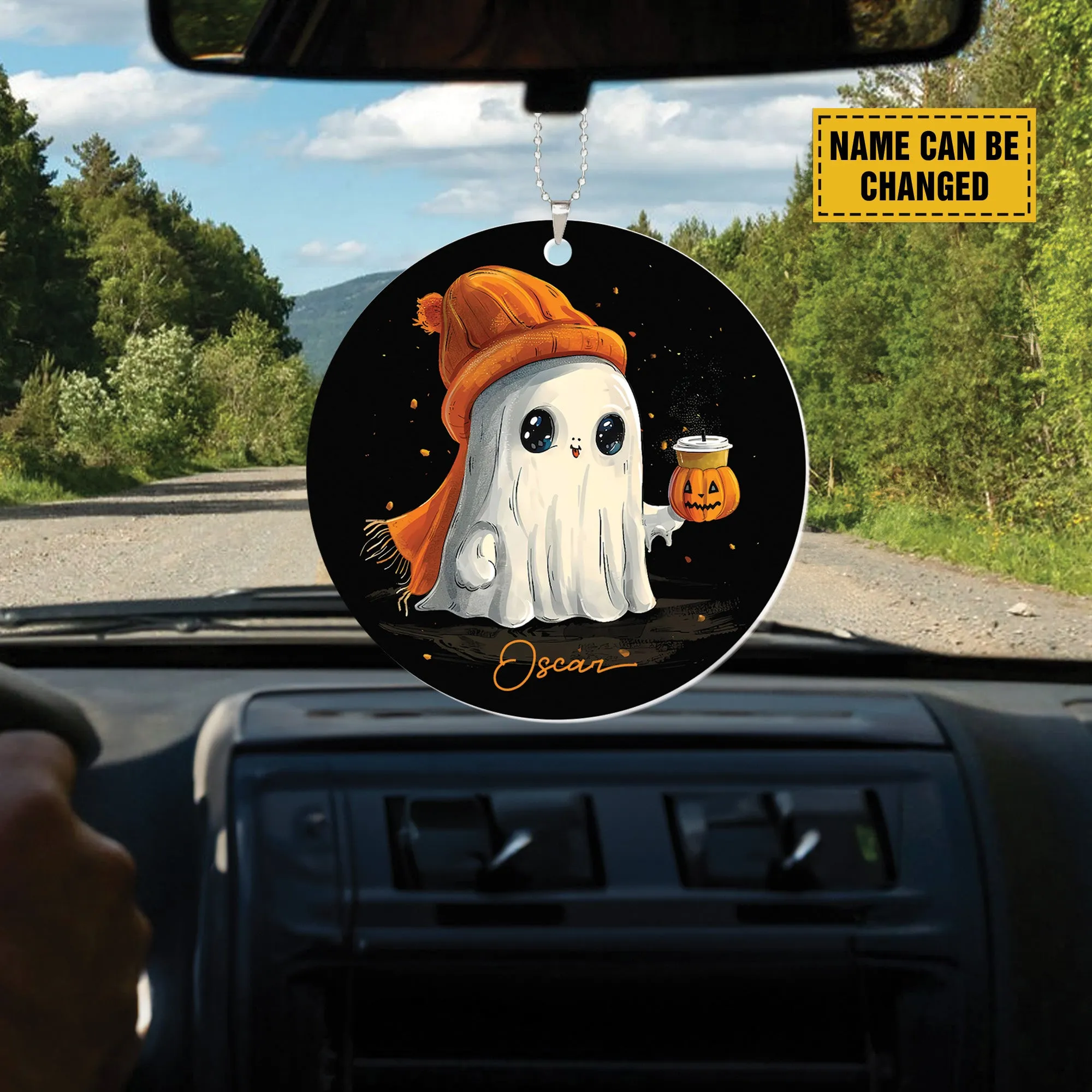 Teesdily | Personalized Halloween Cute Ghost Pumpkin Ornament, Happy Halloween Plastic Car Hanging Ornament, Halloween Decor Gifts