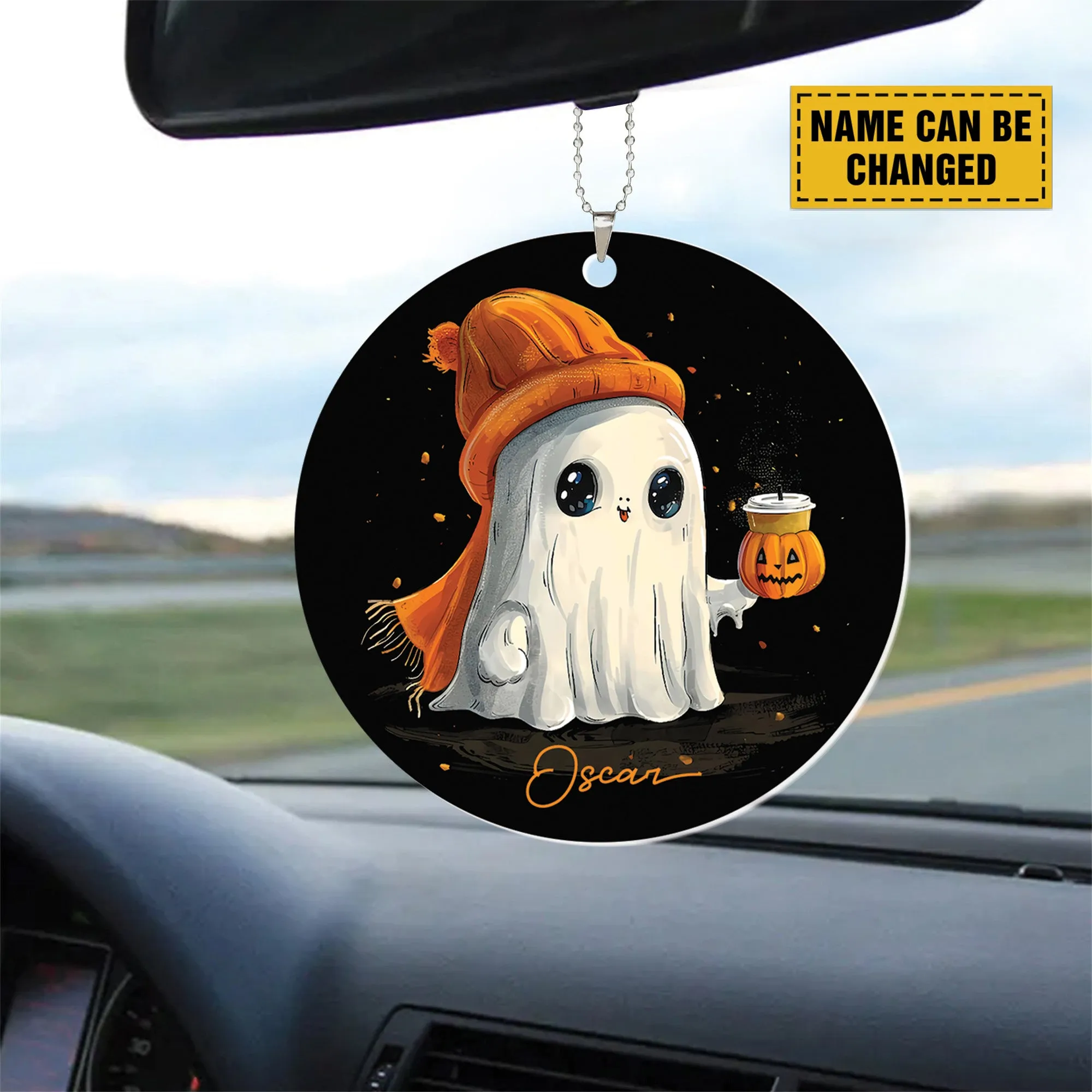 Teesdily | Personalized Halloween Cute Ghost Pumpkin Ornament, Happy Halloween Plastic Car Hanging Ornament, Halloween Decor Gifts