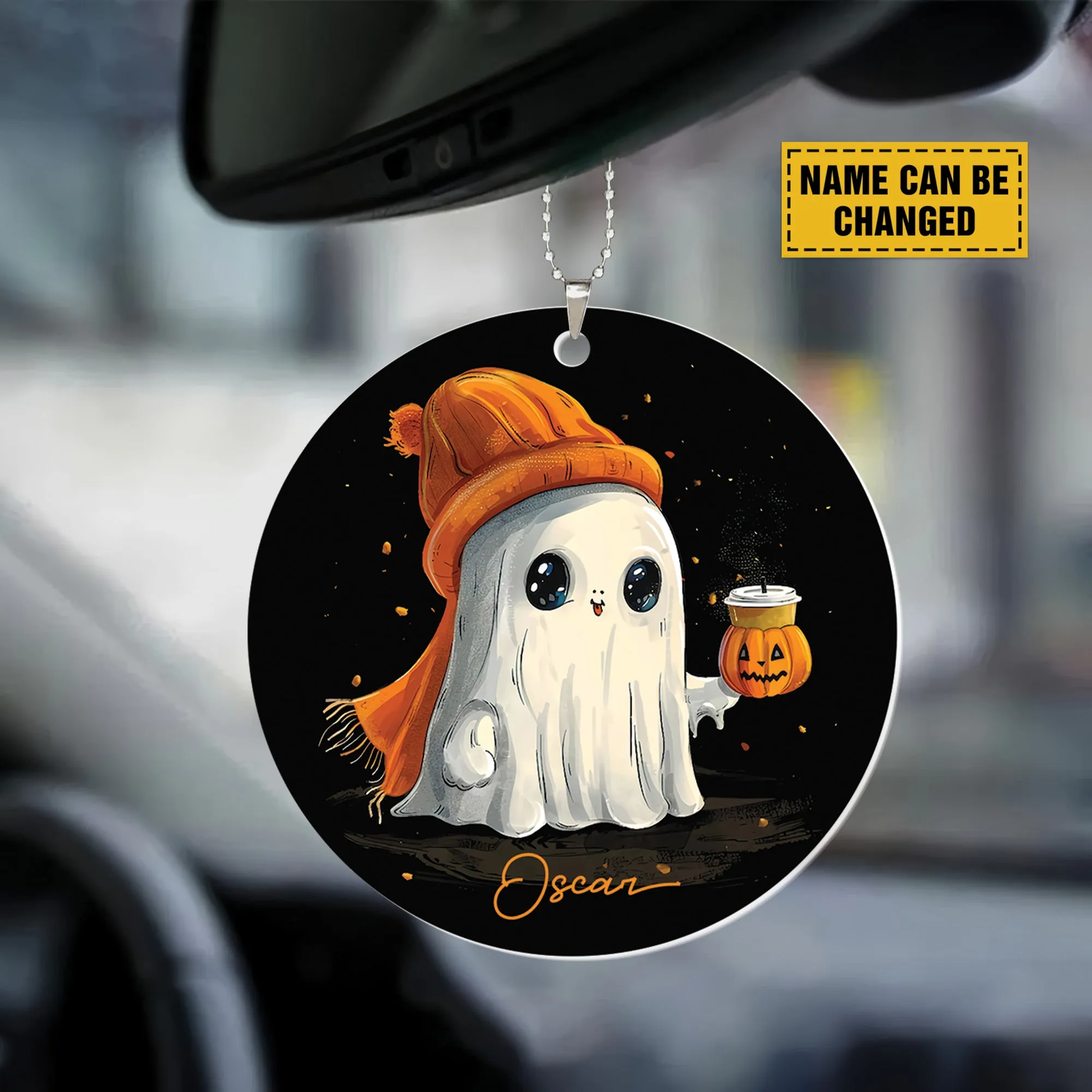 Teesdily | Personalized Halloween Cute Ghost Pumpkin Ornament, Happy Halloween Plastic Car Hanging Ornament, Halloween Decor Gifts