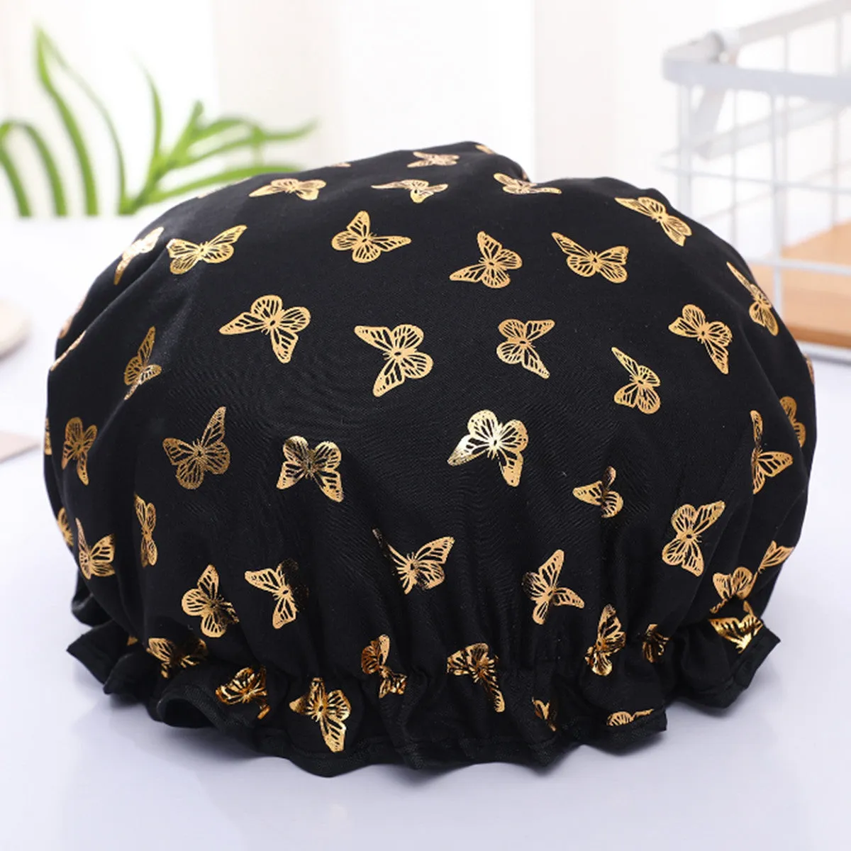 Waterproof Hot Stamping Printed Polyester-Cotton Double-Layer Shower Cap, HG0024