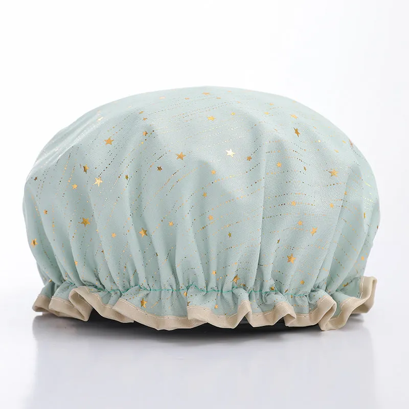 Waterproof Hot Stamping Printed Polyester-Cotton Double-Layer Shower Cap, HG0024