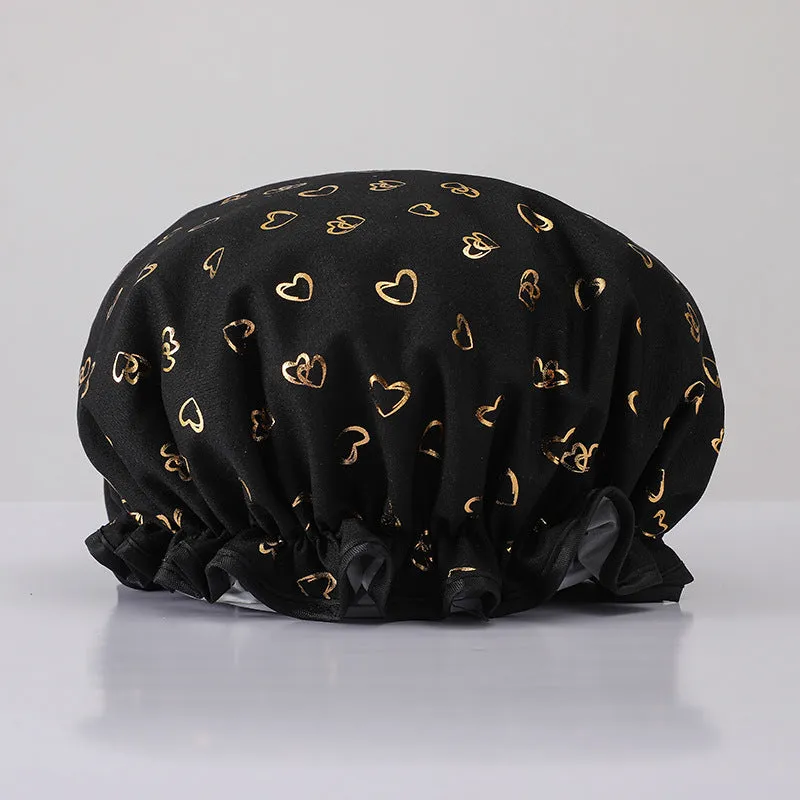 Waterproof Hot Stamping Printed Polyester-Cotton Double-Layer Shower Cap, HG0024