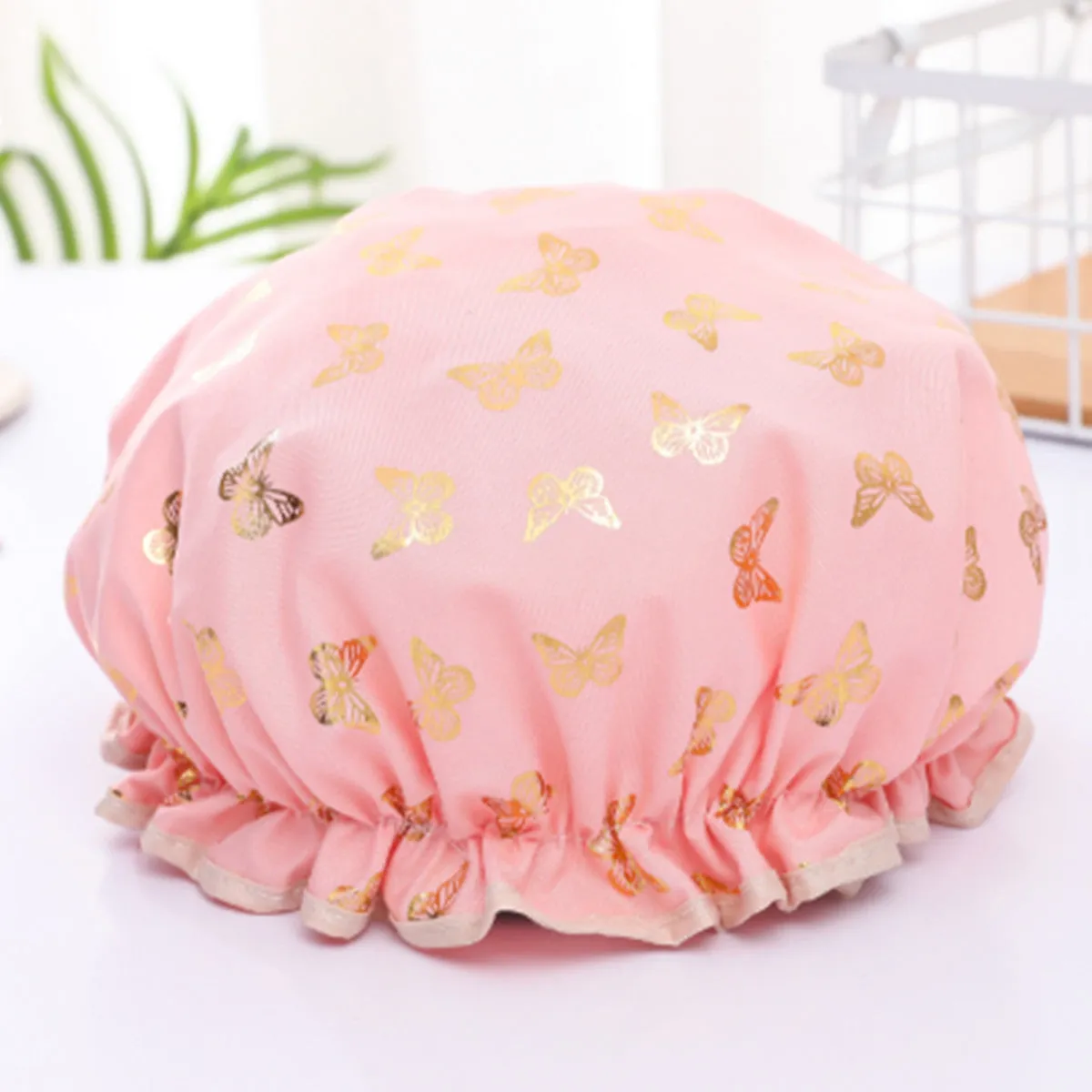 Waterproof Hot Stamping Printed Polyester-Cotton Double-Layer Shower Cap, HG0024