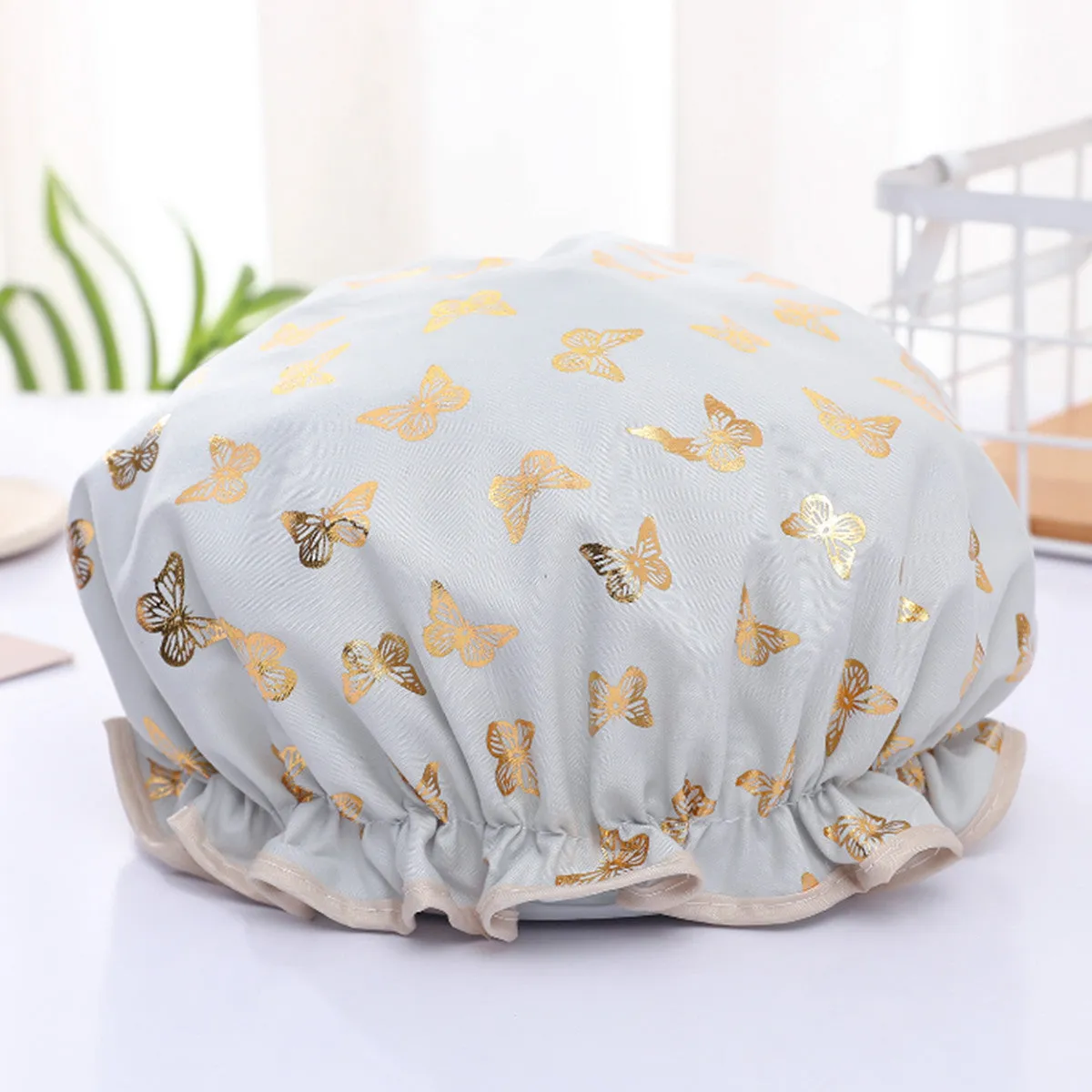 Waterproof Hot Stamping Printed Polyester-Cotton Double-Layer Shower Cap, HG0024