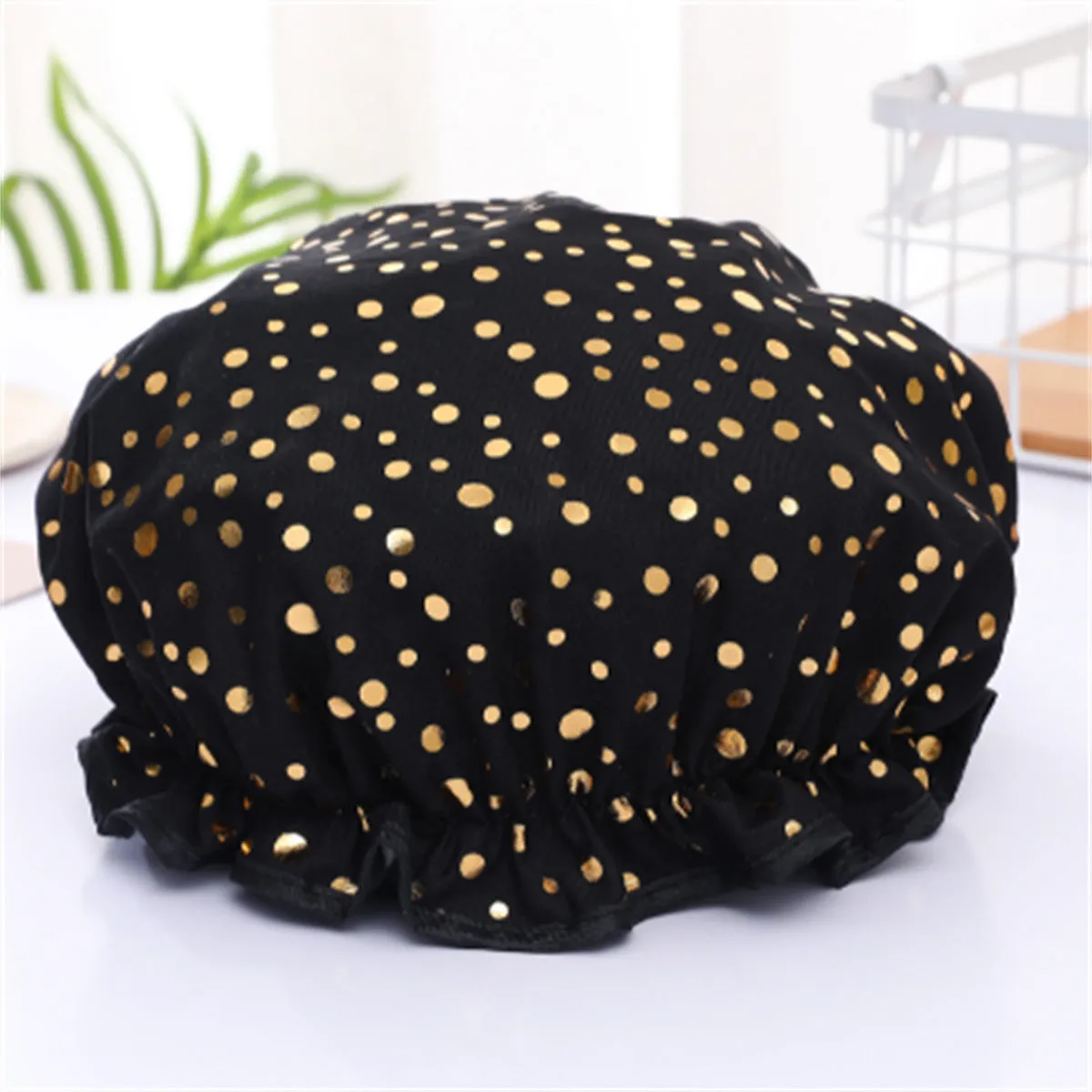 Waterproof Hot Stamping Printed Polyester-Cotton Double-Layer Shower Cap, HG0024